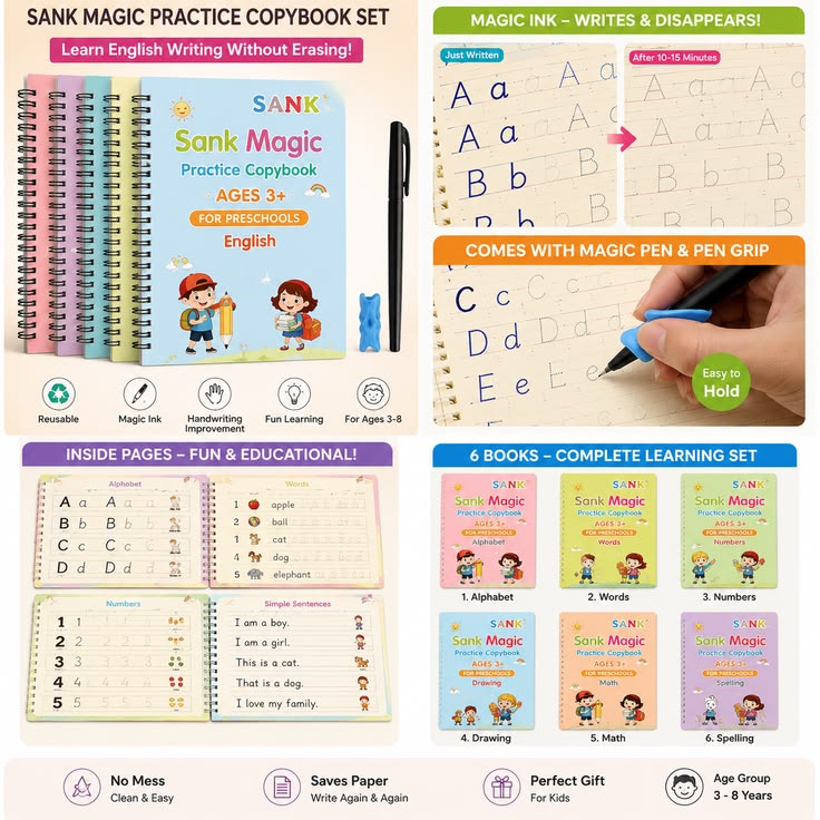 Uniquebe Reusable Magic Practice Copybook Set for Kids (Ages 3+) | Handwriting, Math, Drawing & Alphabet Learning with Magic Pen