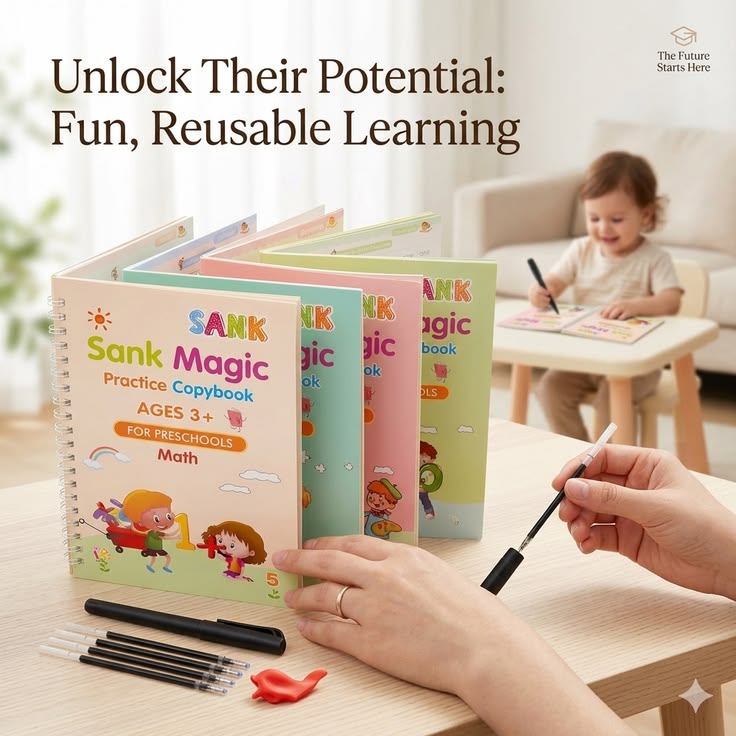 Uniquebe Reusable Magic Practice Copybook Set for Kids (Ages 3+) | Handwriting, Math, Drawing & Alphabet Learning with Magic Pen